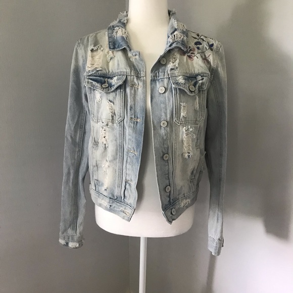 refuge Jackets & Blazers - Refuge Distressed & Embroidered Denim Jacket